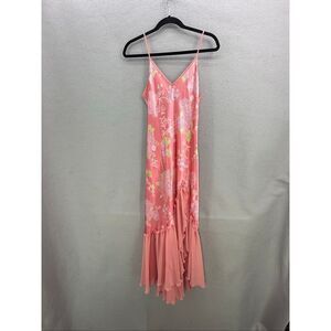 Vtg Y2K Sensara Womens Peach Satin Floral Sheer Ruffle Hem Negligee Nightgown Sm